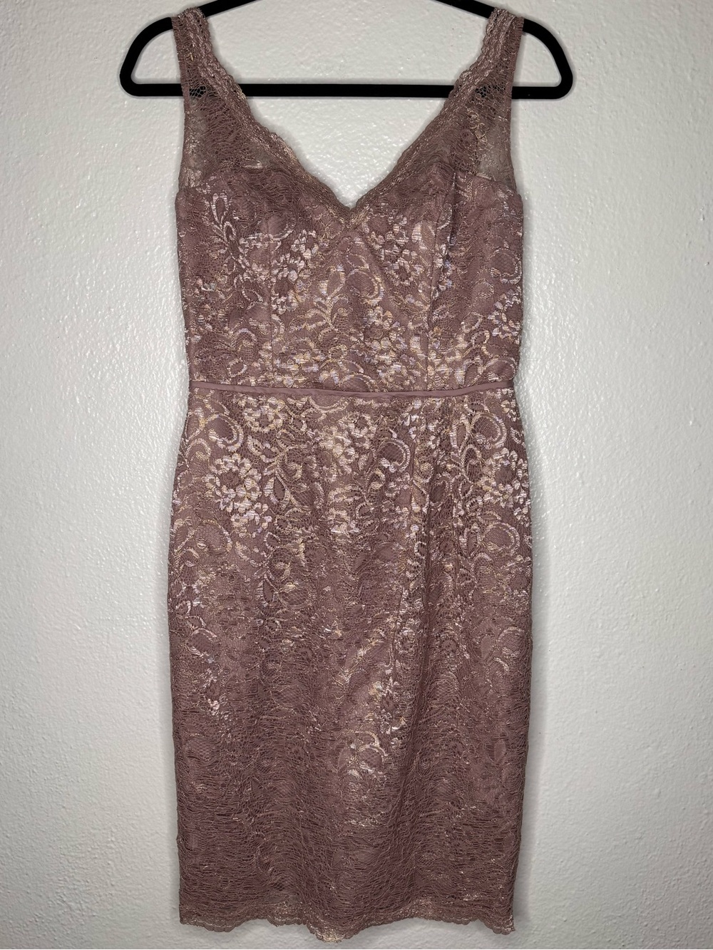 David's Bridal Dusty Rose Lace V-Neck Sheath Fitted Silhouette Dress Sz 4